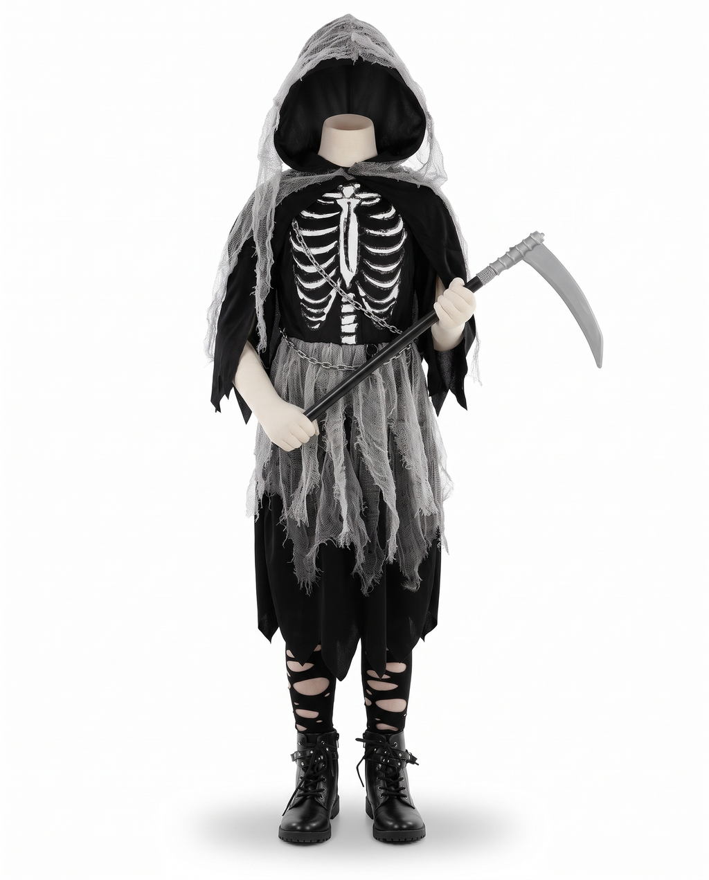 Girls grim reaper dress costume on white background