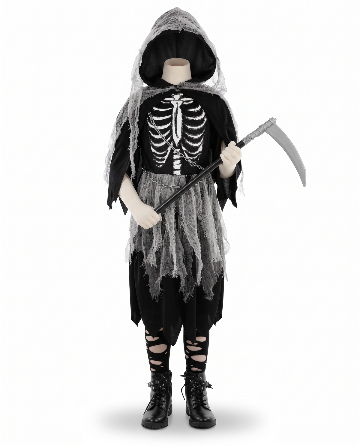 Girls grim reaper dress costume on white background