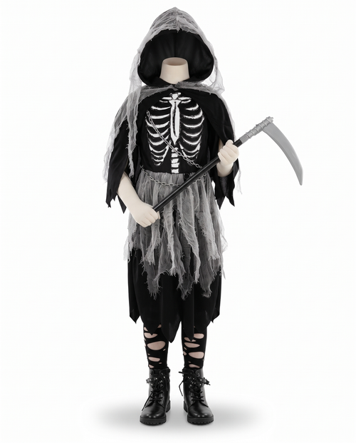 Girls grim reaper dress costume on white background