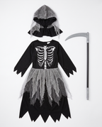 Dress, hooded cloak and scythe prop flat lay
