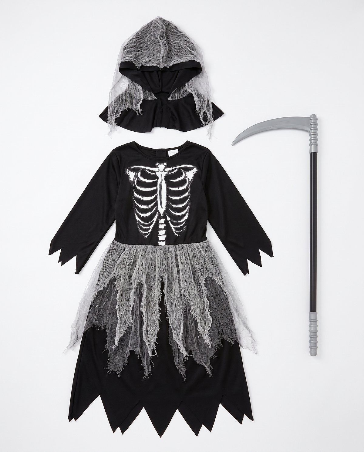 Dress, hooded cloak and scythe prop flat lay