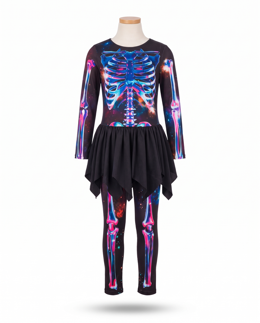 Neon skeleton girls costume on white background
