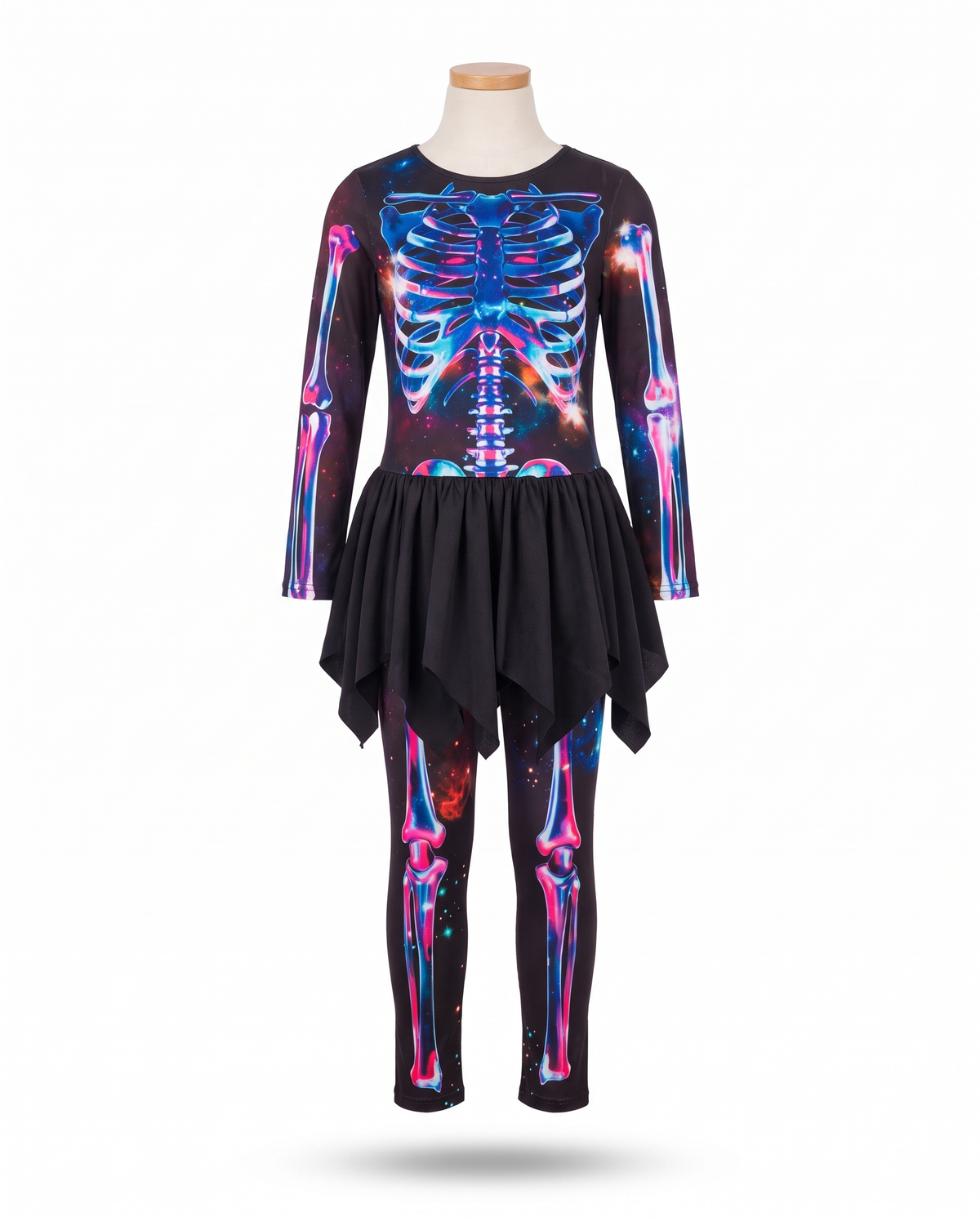 Neon skeleton girls costume on white background