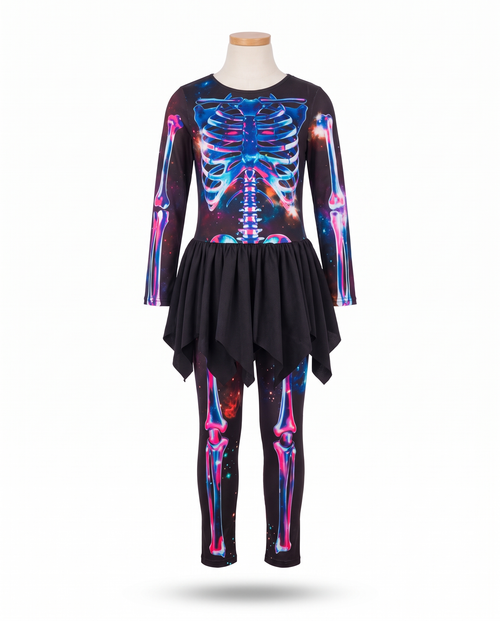 Neon skeleton girls costume on white background