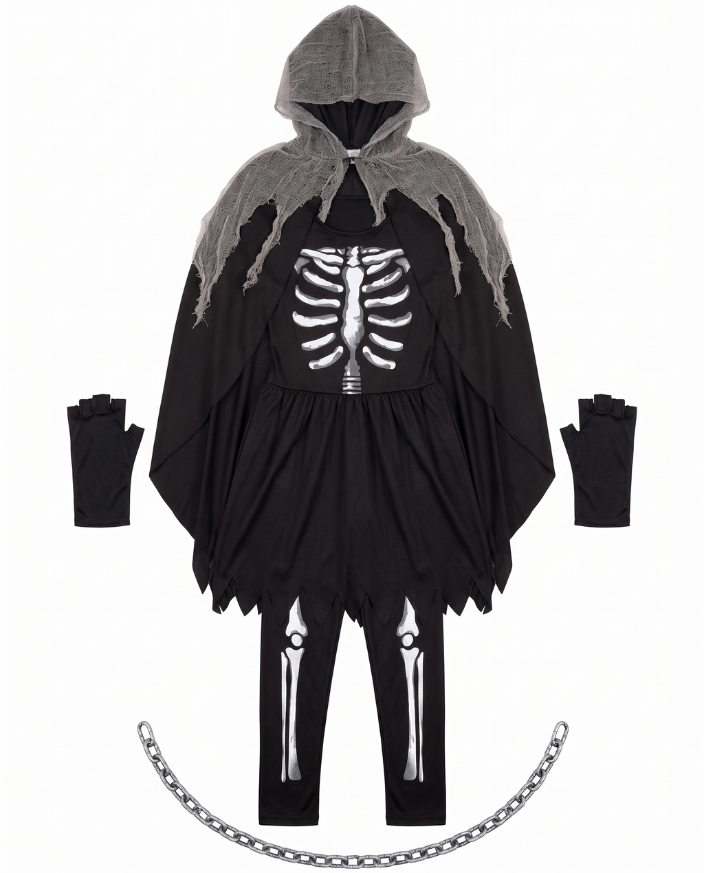 Dress, cape, gloves, leggings and chain flat lay