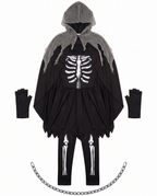 Dress, cape, gloves, leggings and chain flat lay