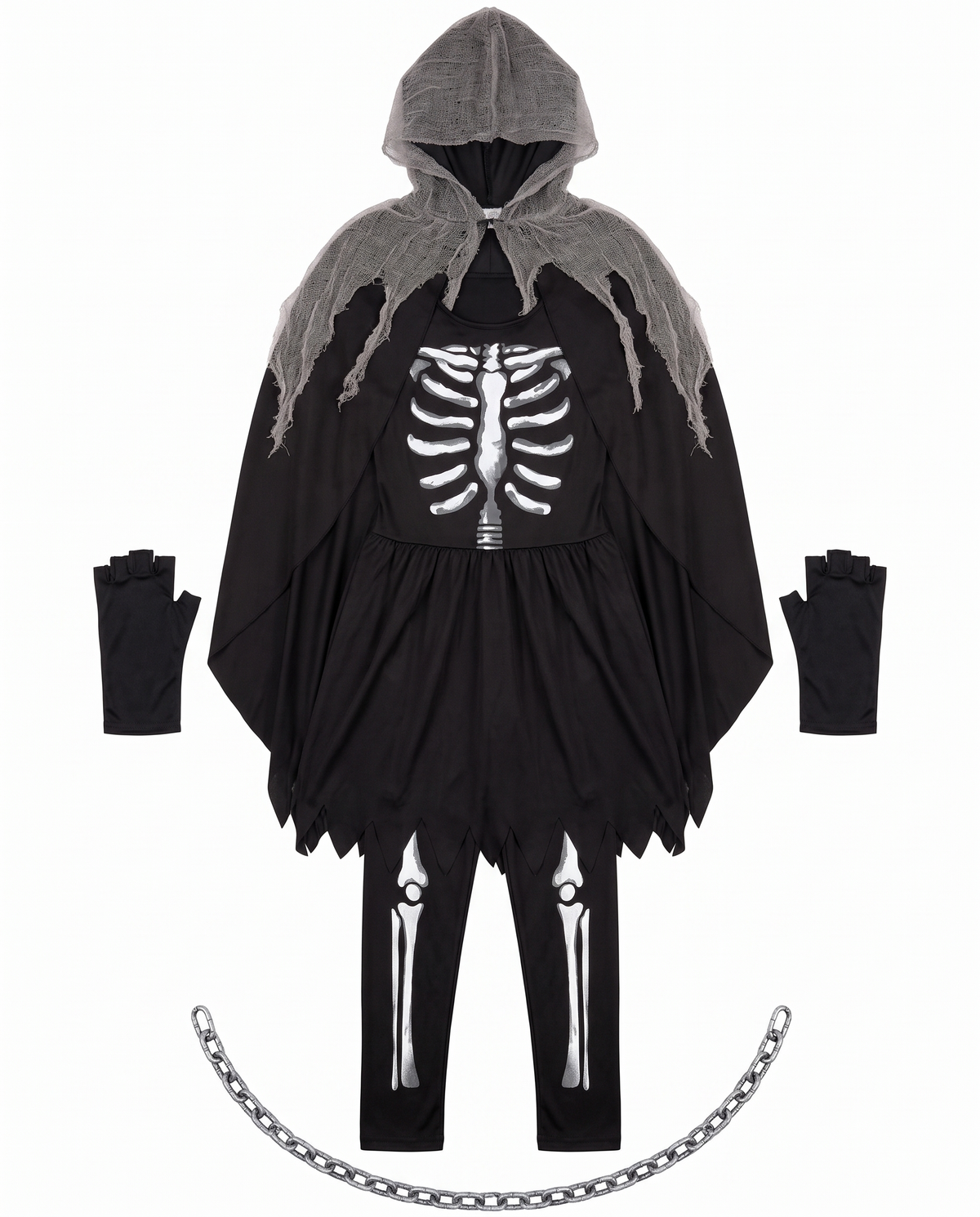 Dress, cape, gloves, leggings and chain flat lay