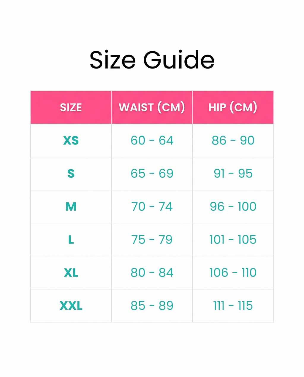 Size guide XS to XXL