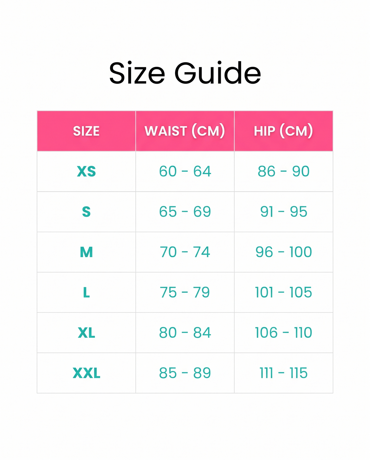 Size guide XS to XXL
