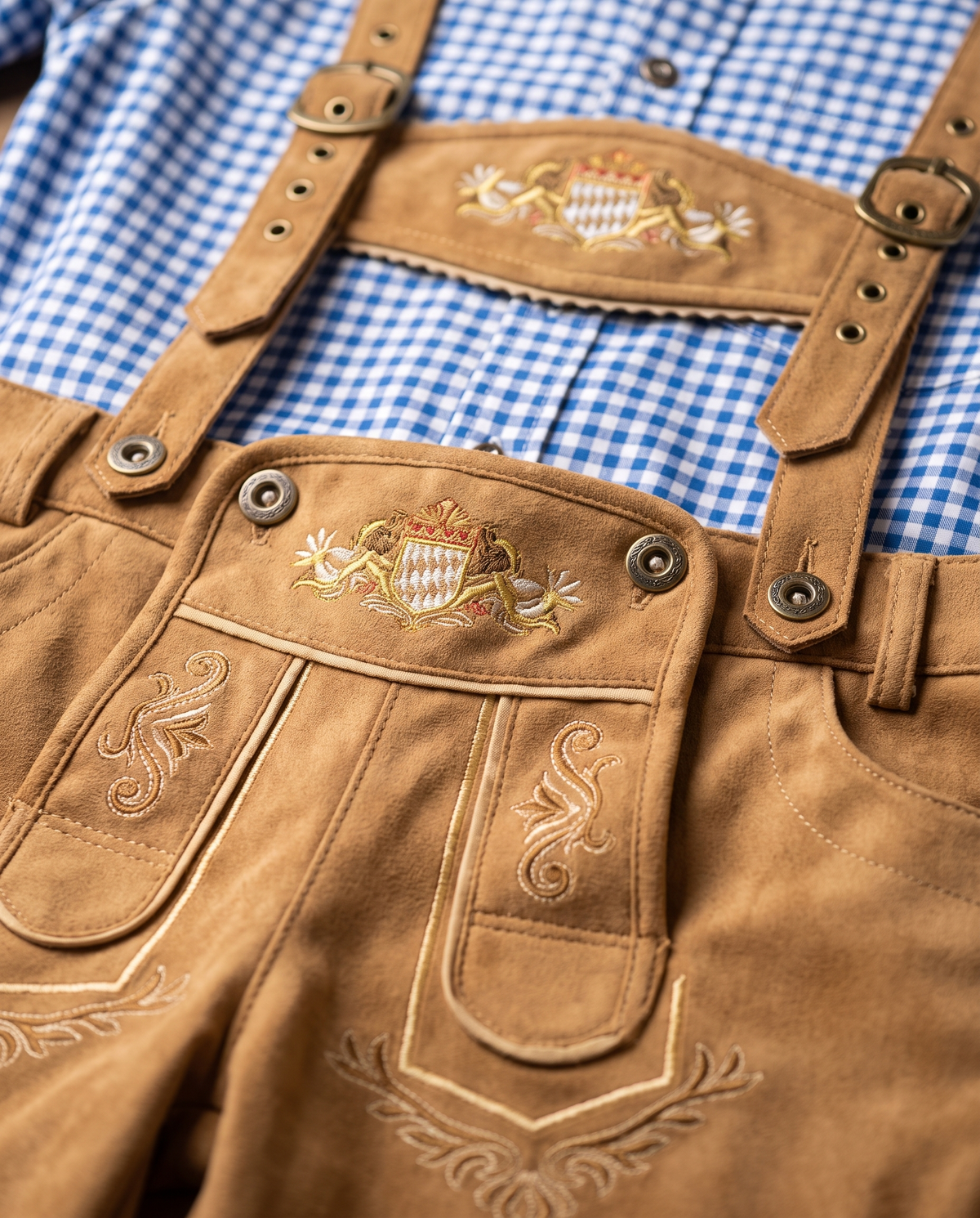 Detail of lederhosen embroidery and suspenders