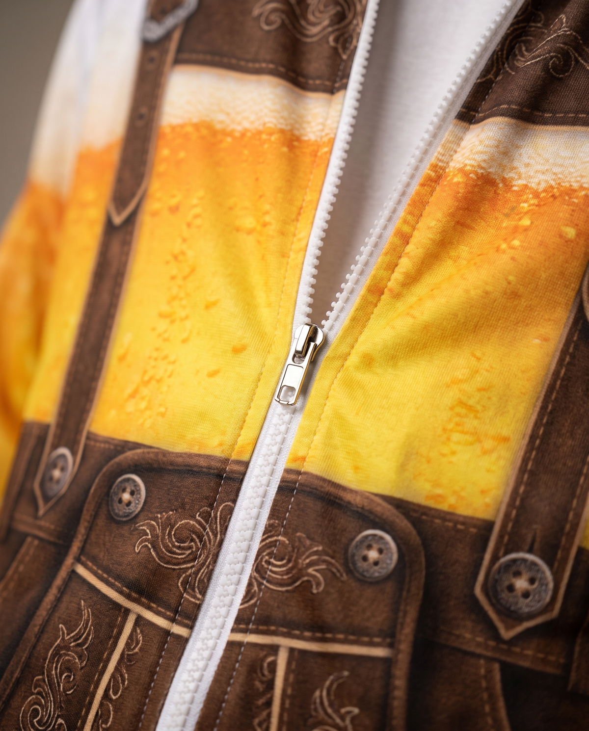 Detail of printed lederhosen-style design