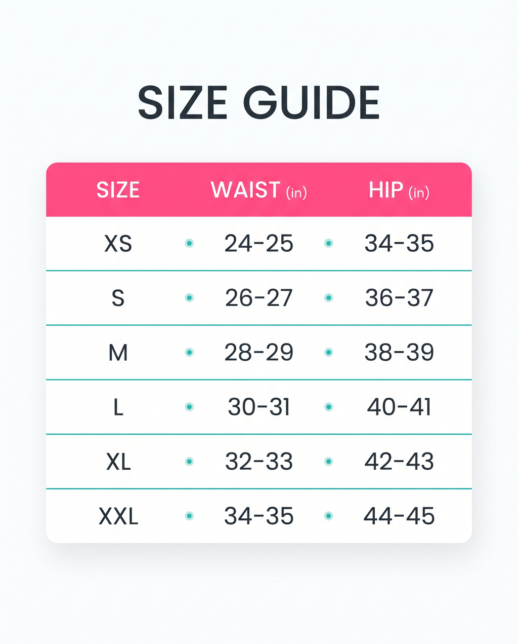 Size guide XS to XXL