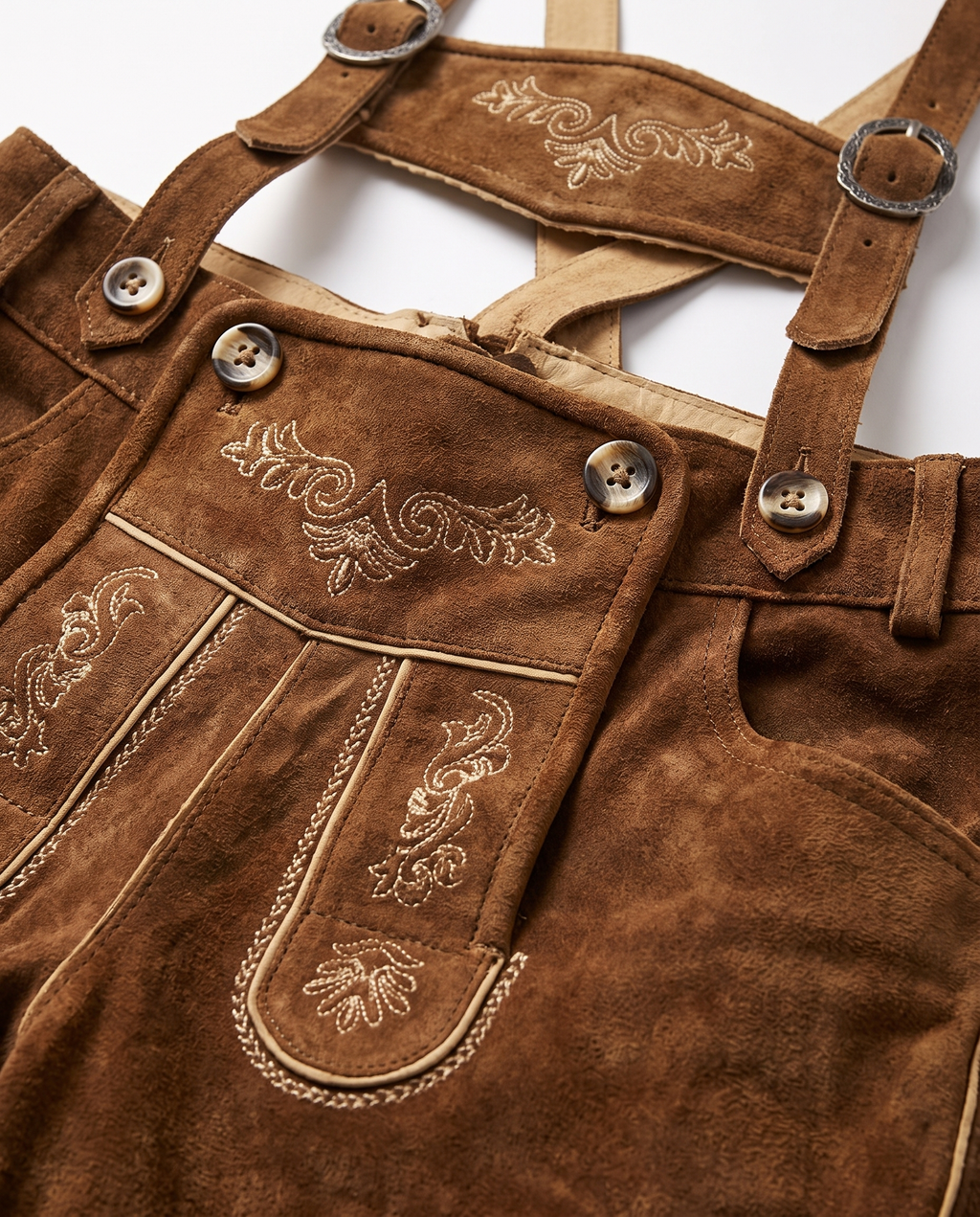 Detail of leather, embroidery and horn buttons