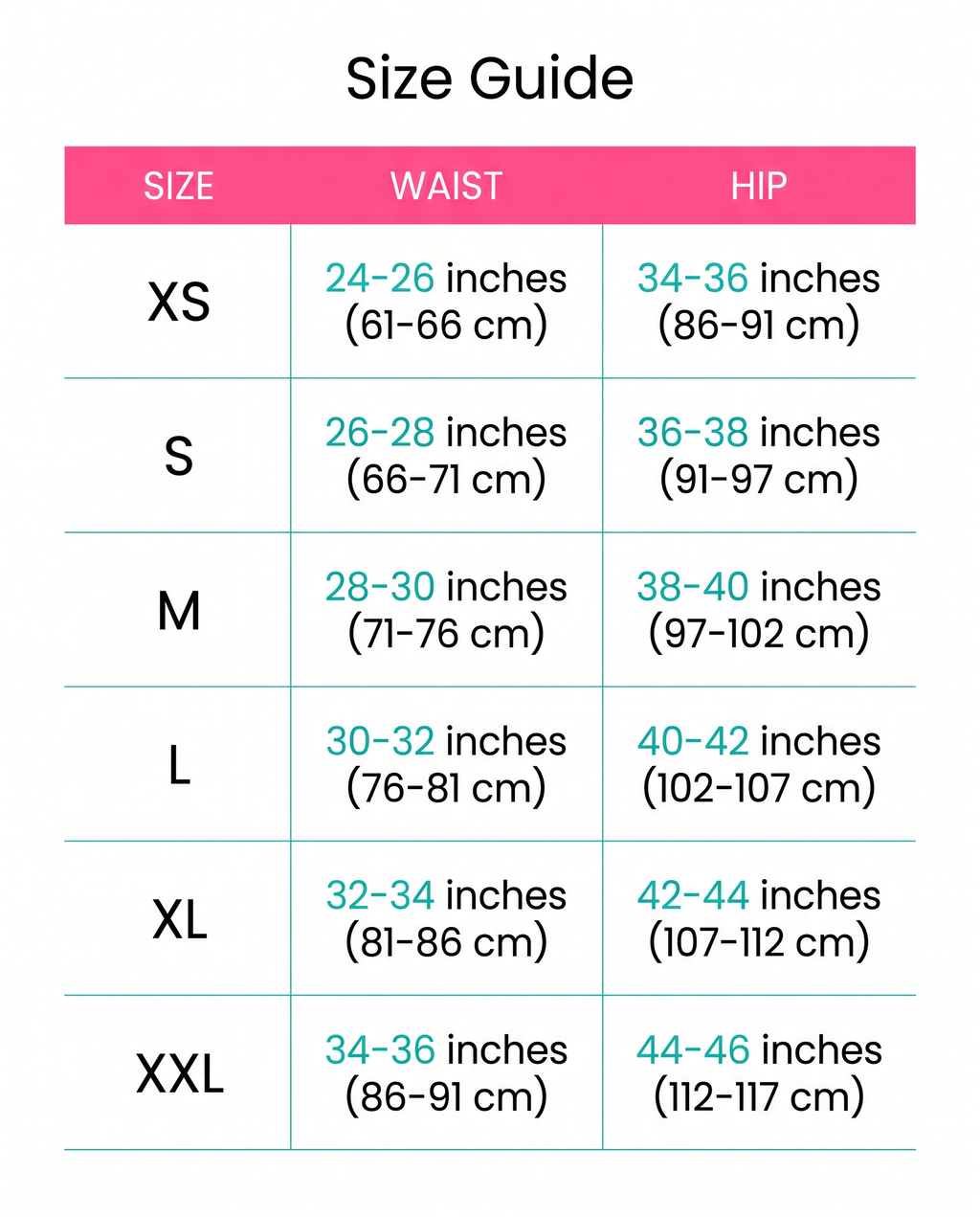 Size guide XS to XXL