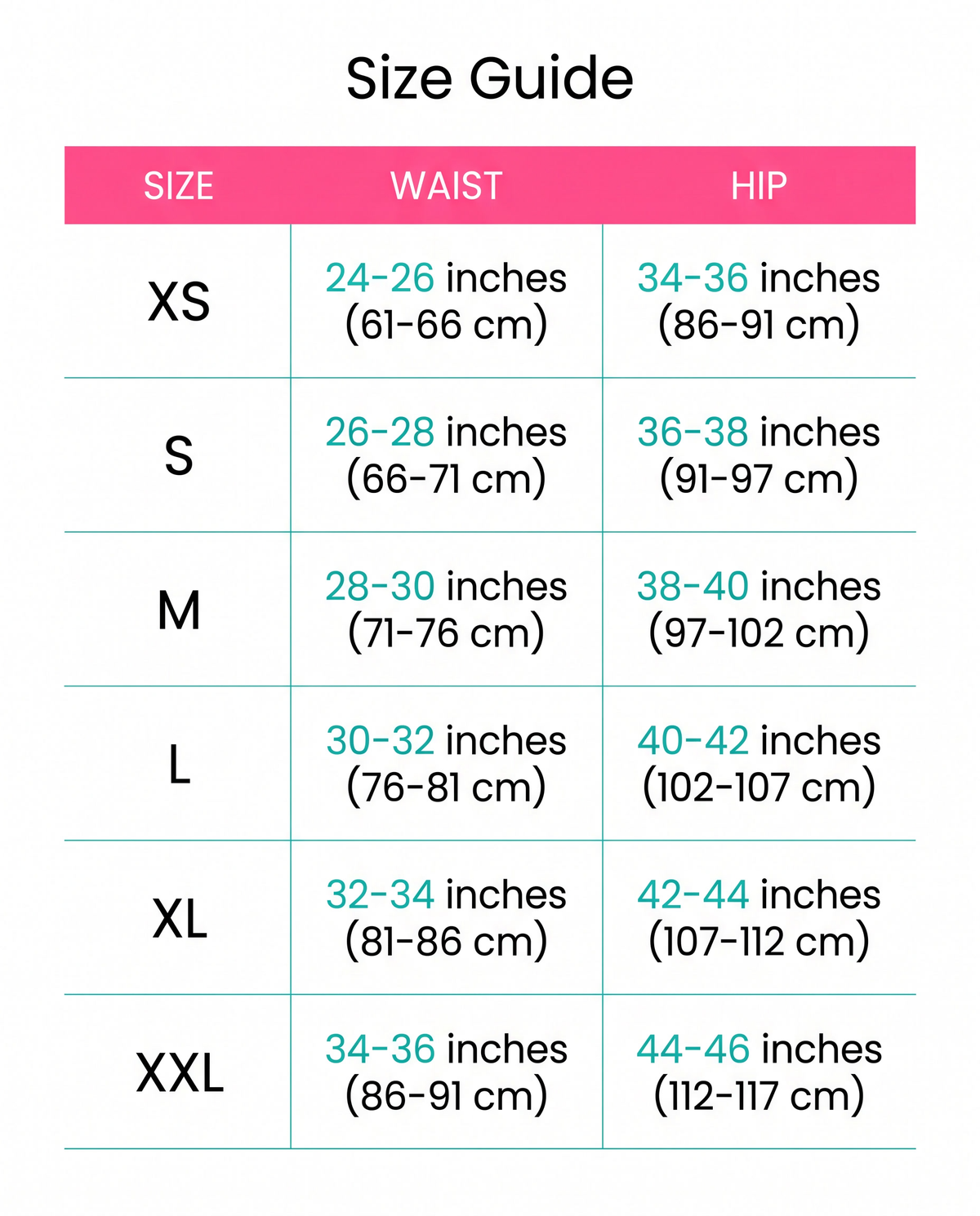 Size guide XS to XXL