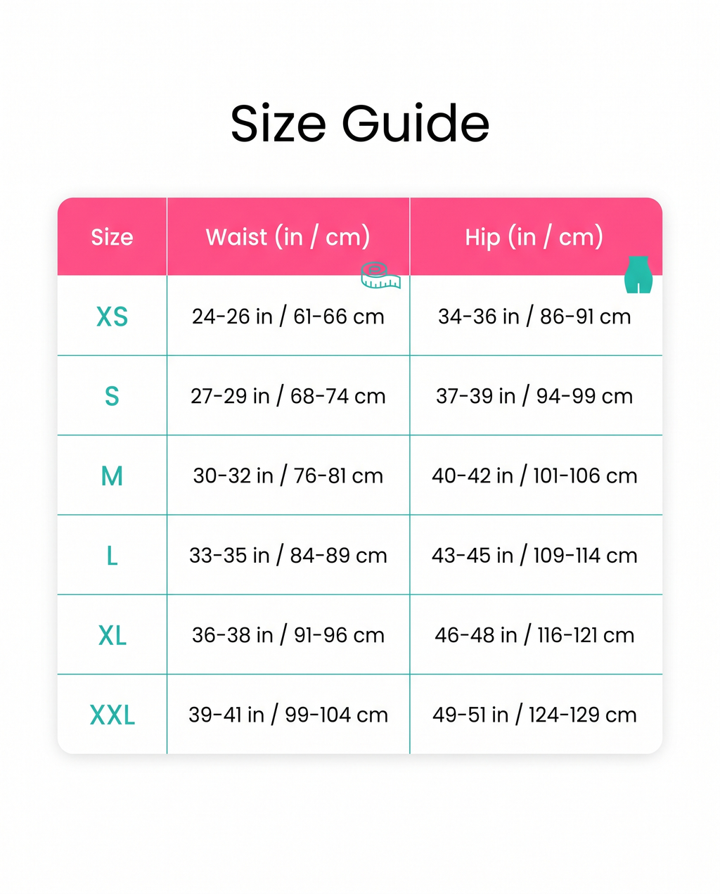 Size guide XS to XXL