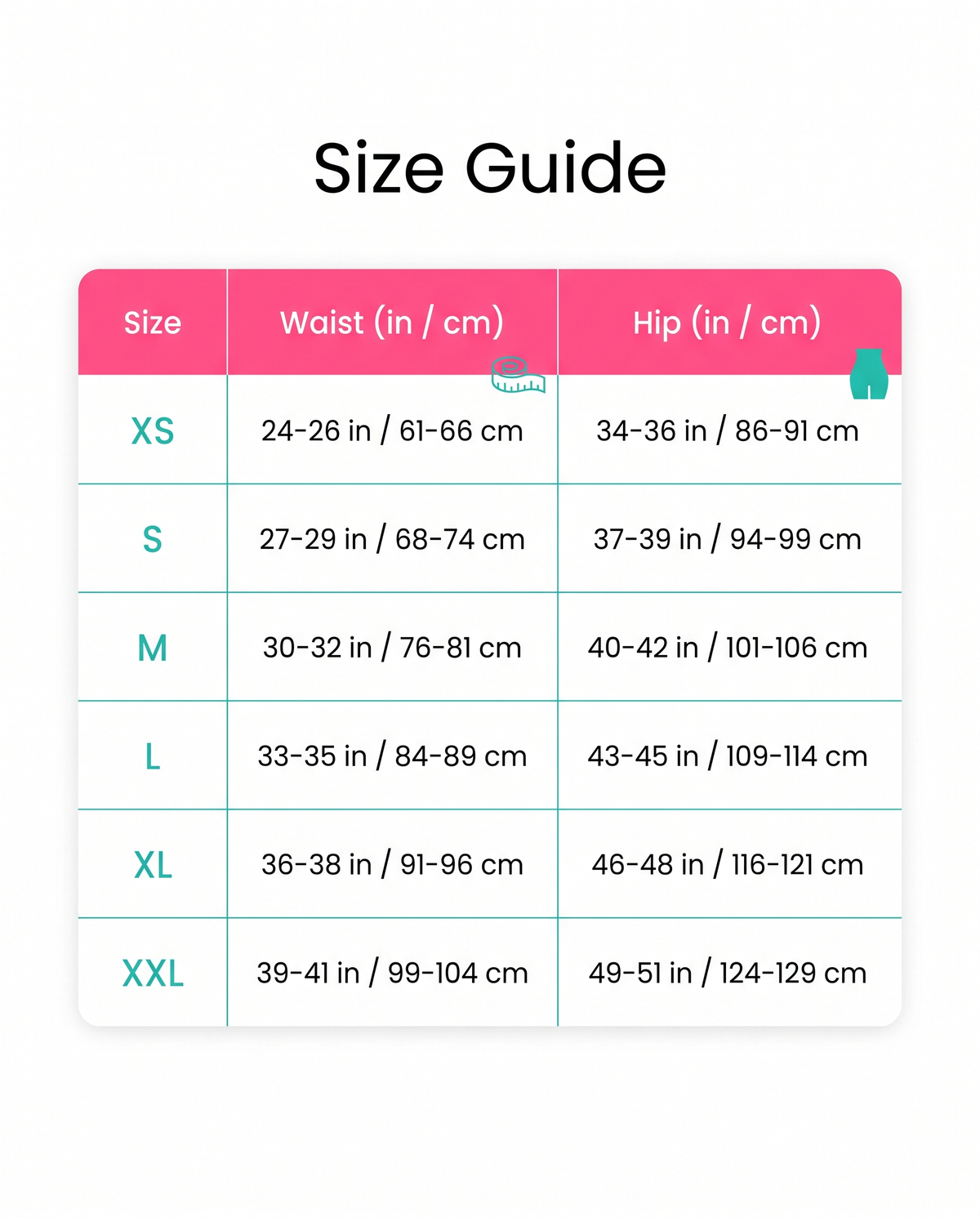 Size guide XS to XXL