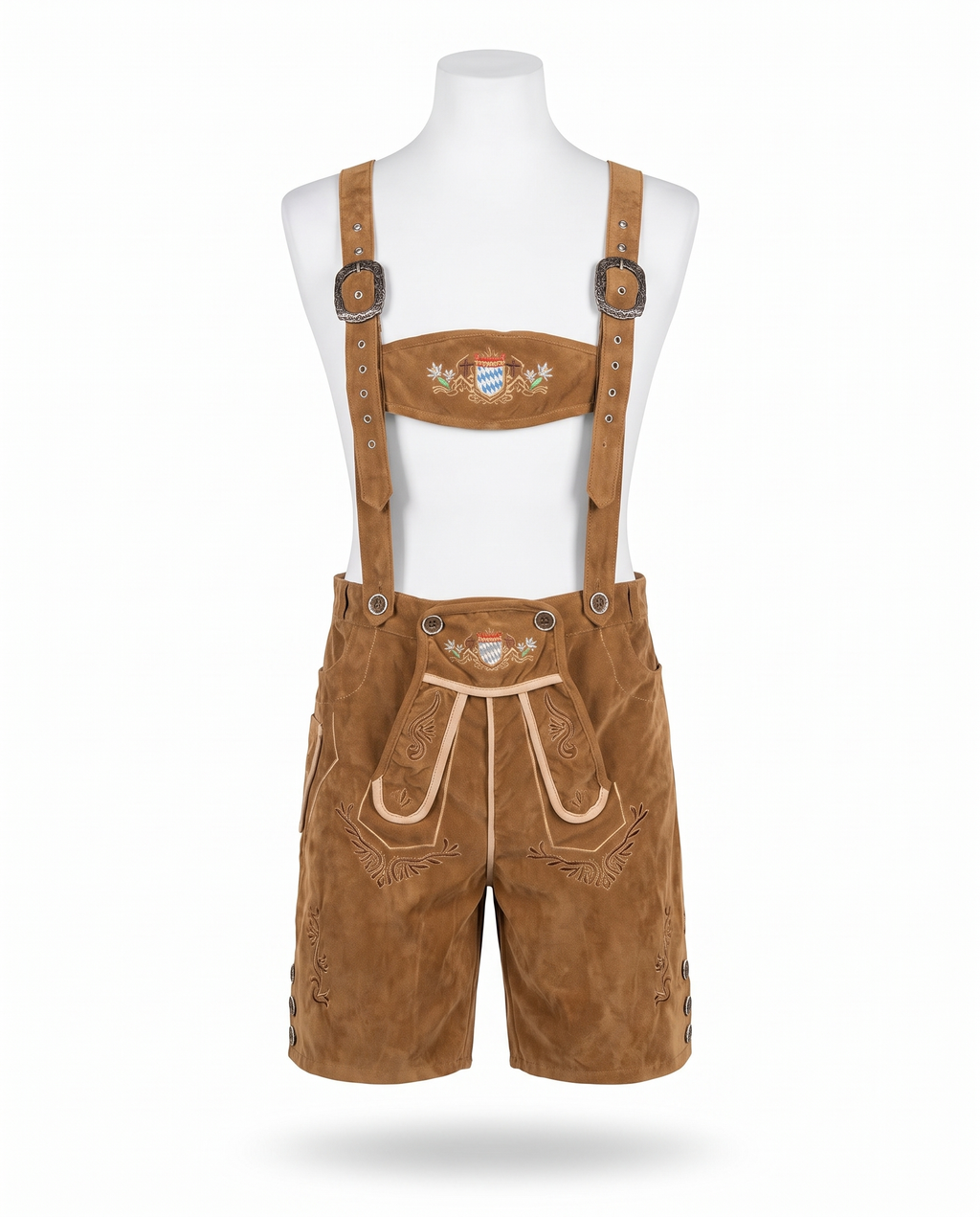 Tan deluxe lederhosen on white background