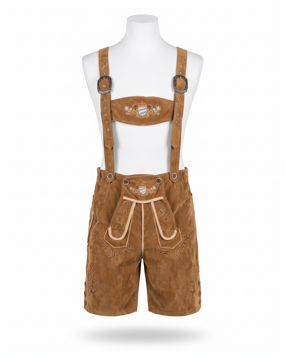 Tan deluxe lederhosen on white background