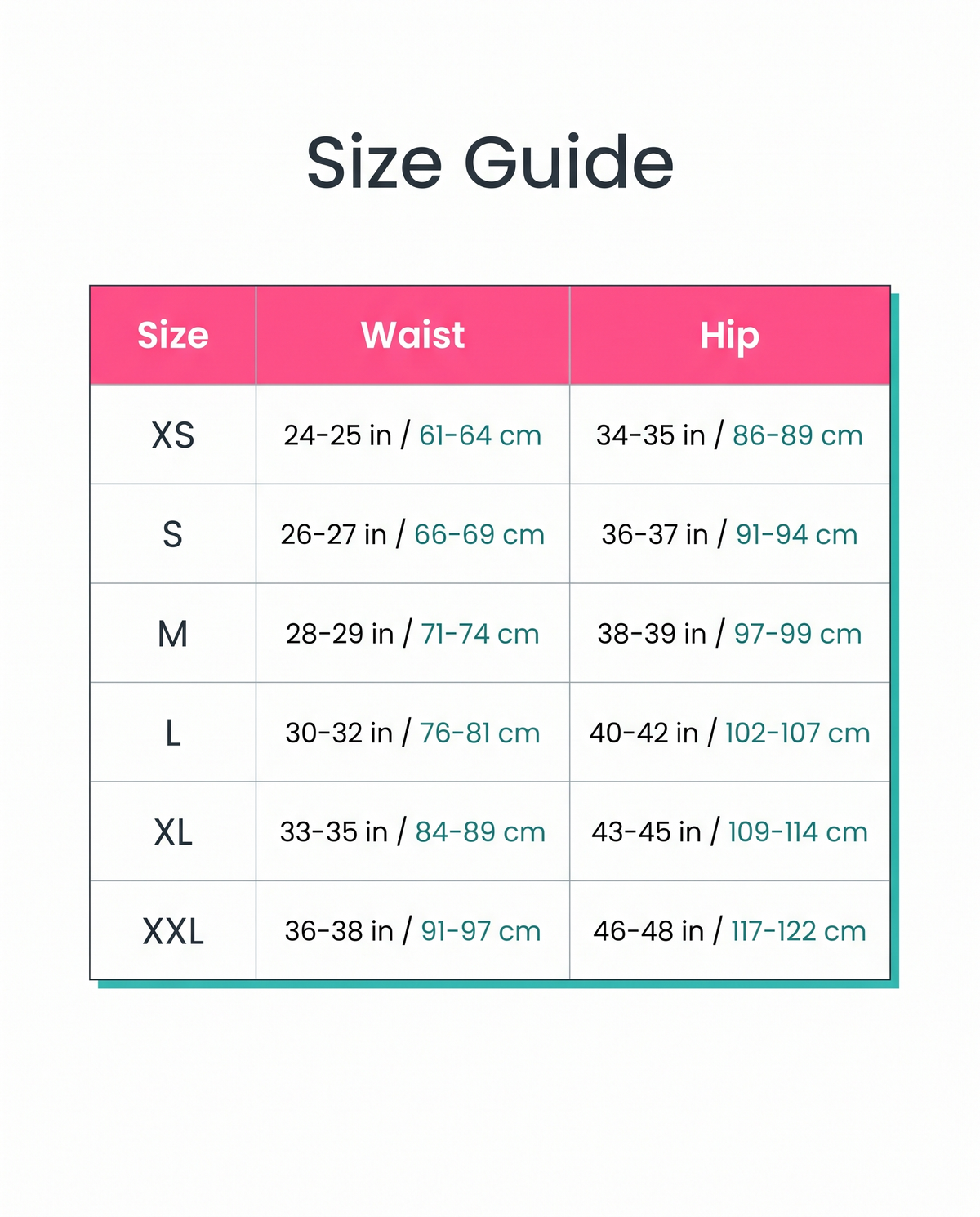 Size guide XS to XXL