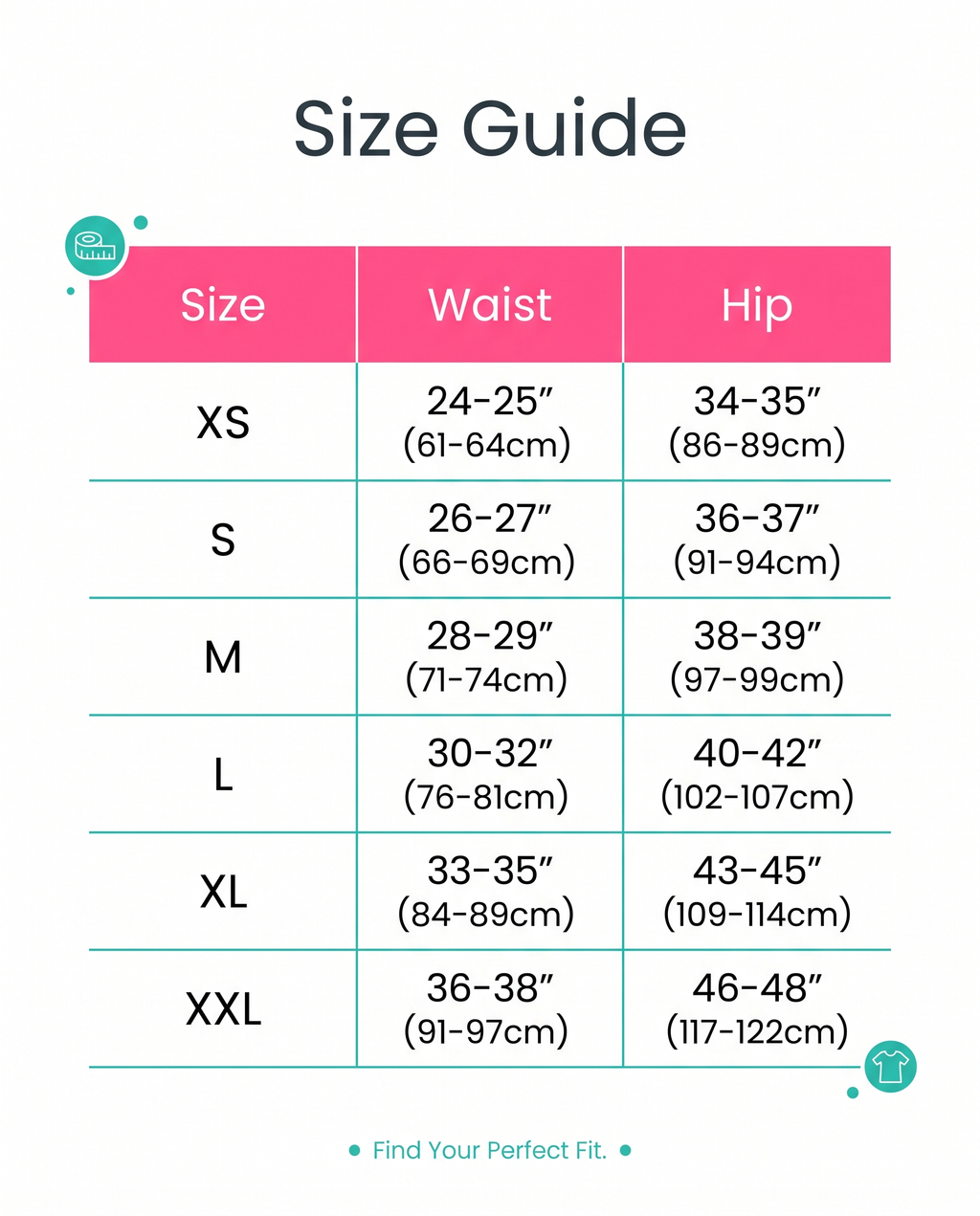 Size guide XS to XXL