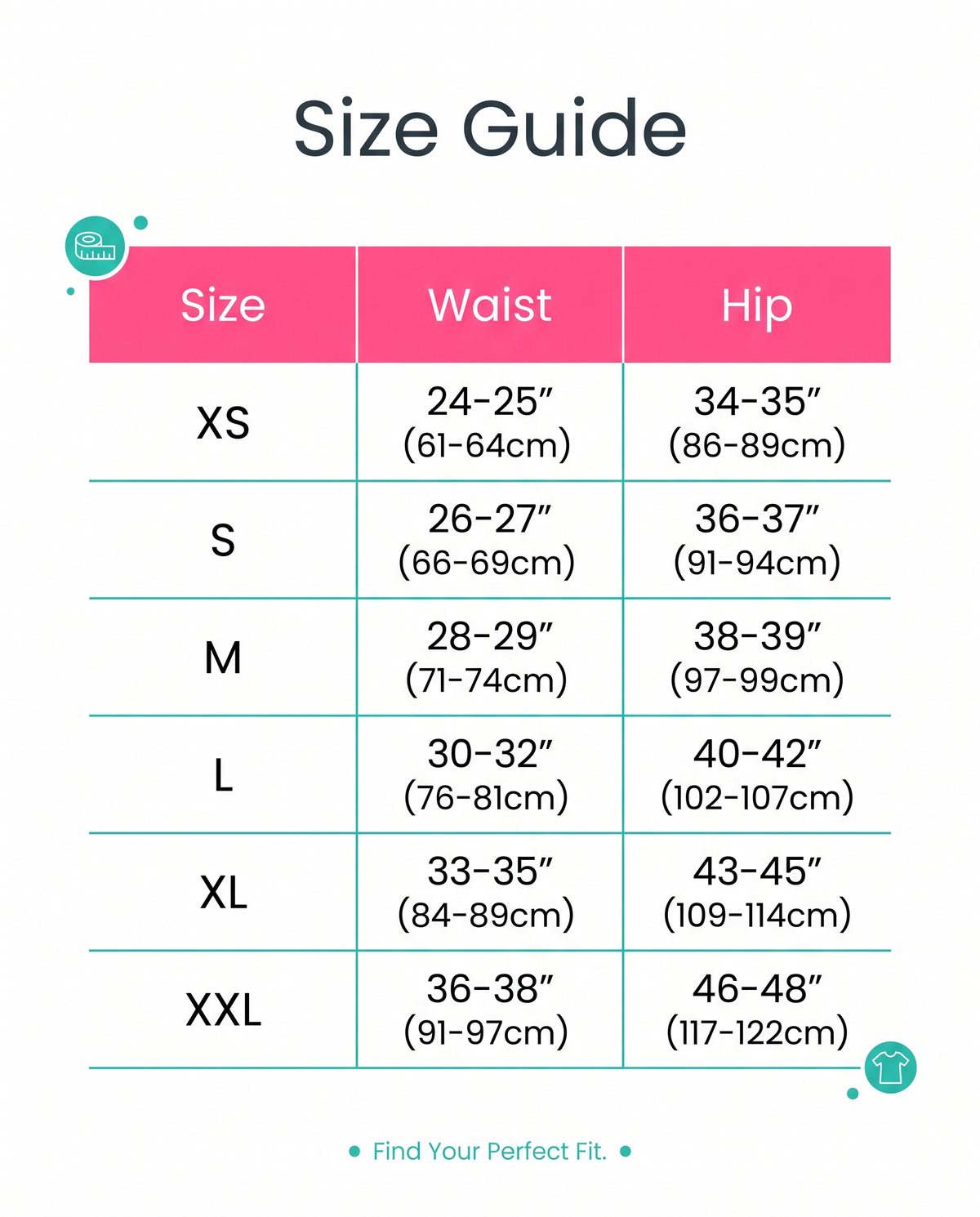Size guide XS to XXL