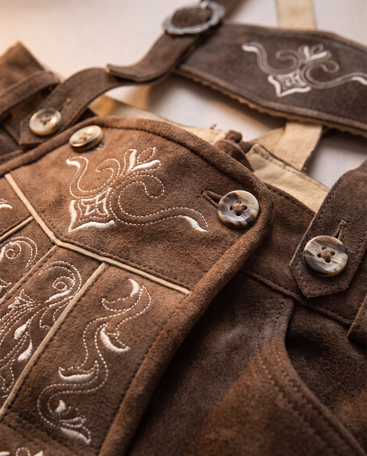 Detail of leather, embroidery and horn buttons