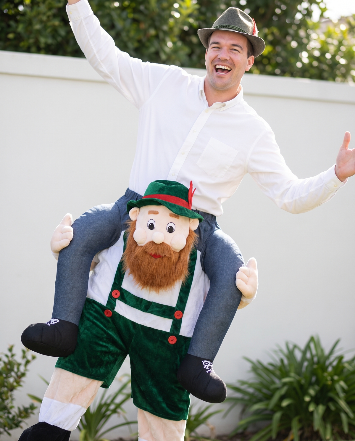 Person wearing beer buddy piggyback costume