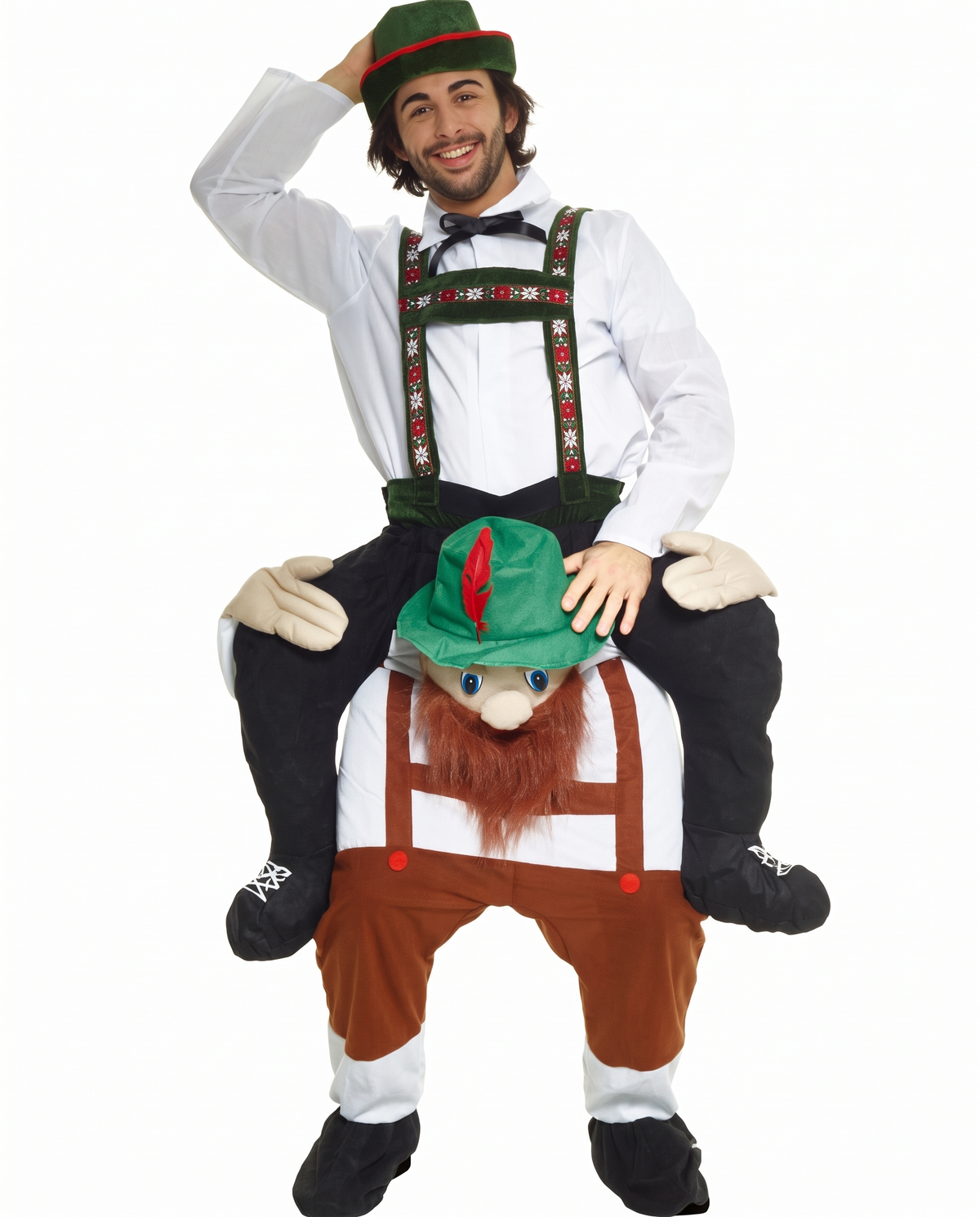 Lederhosen piggyback costume on white background