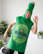 Person wearing green beer bottle tunic costume