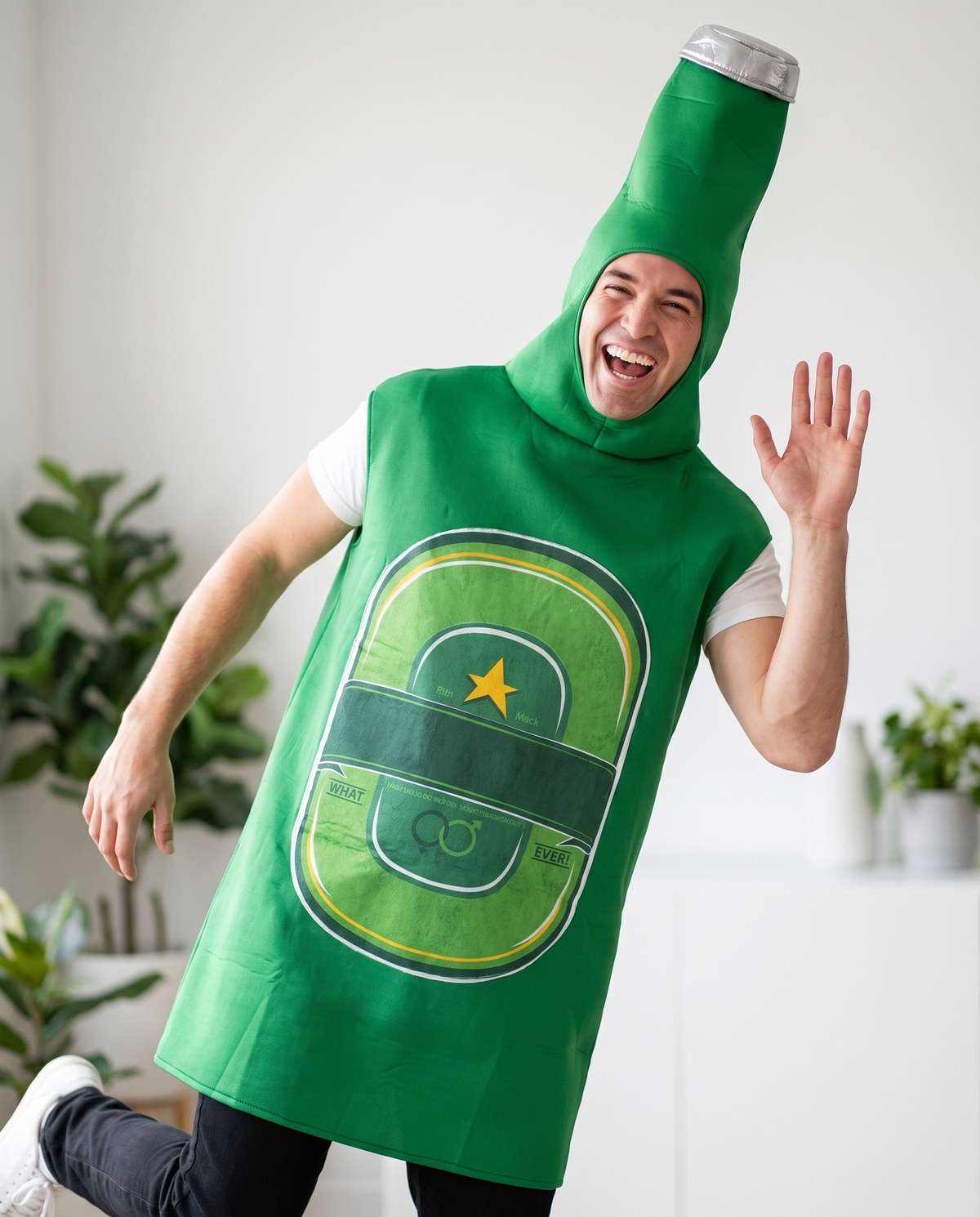 Person wearing green beer bottle tunic costume