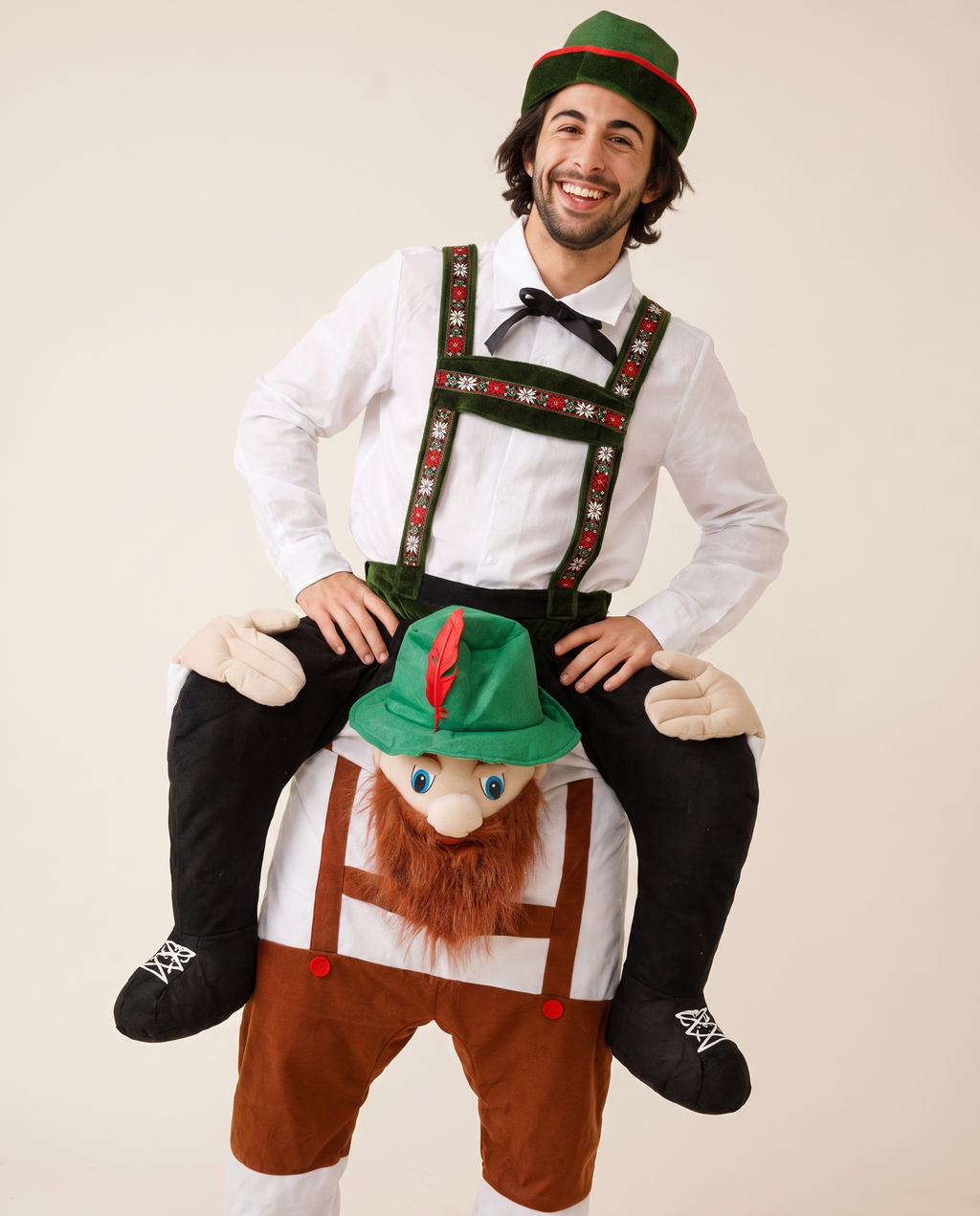 Person wearing lederhosen piggyback costume
