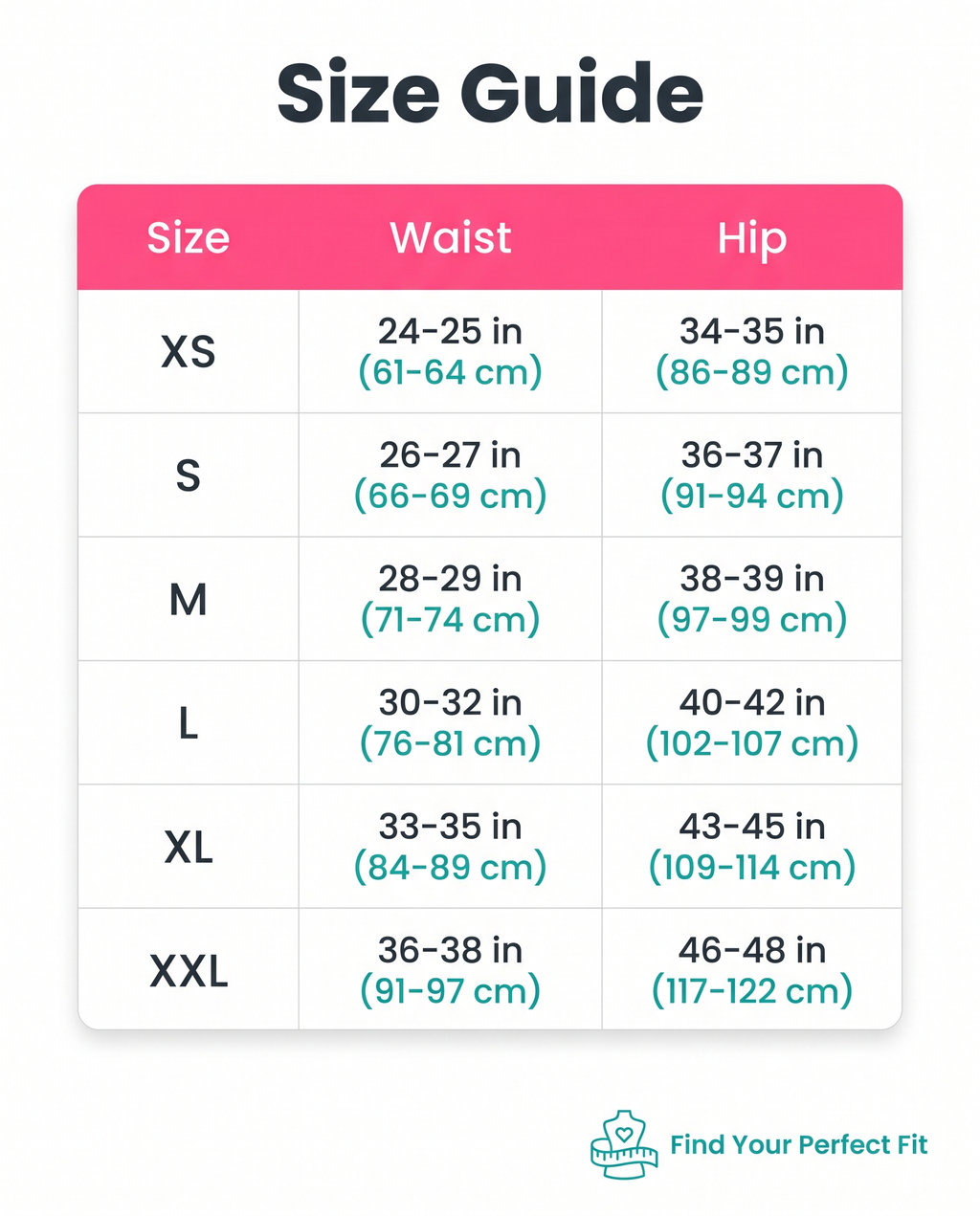 Size guide XS to XXL