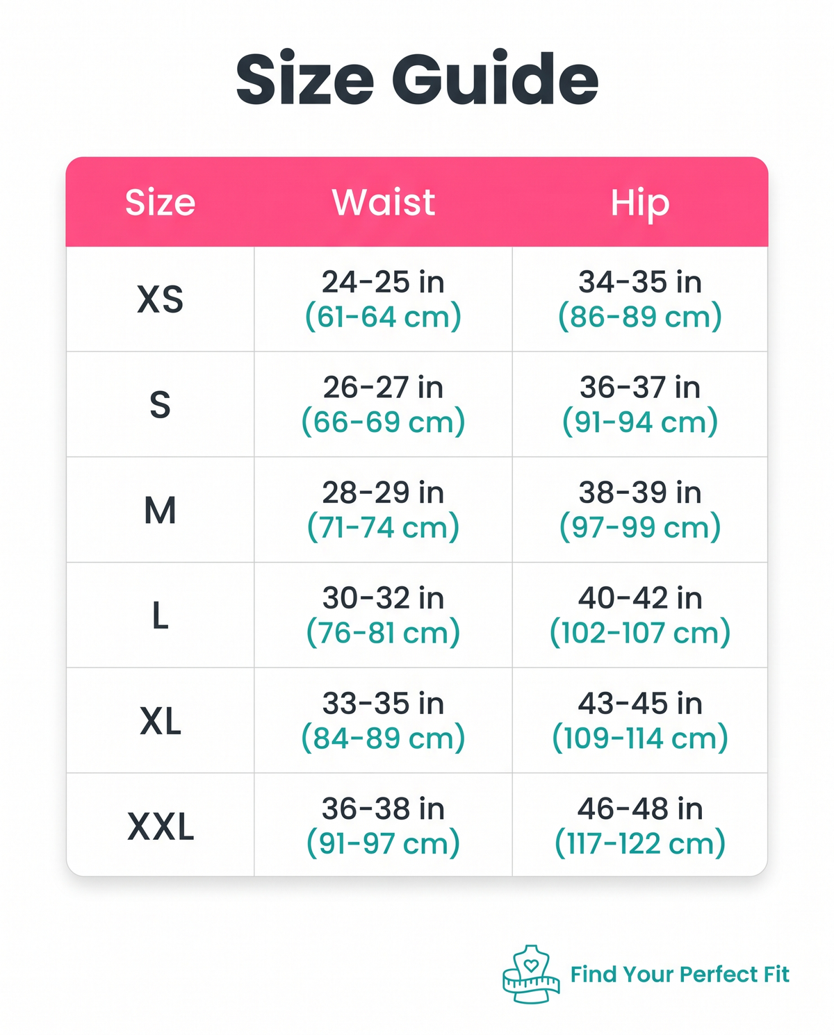 Size guide XS to XXL