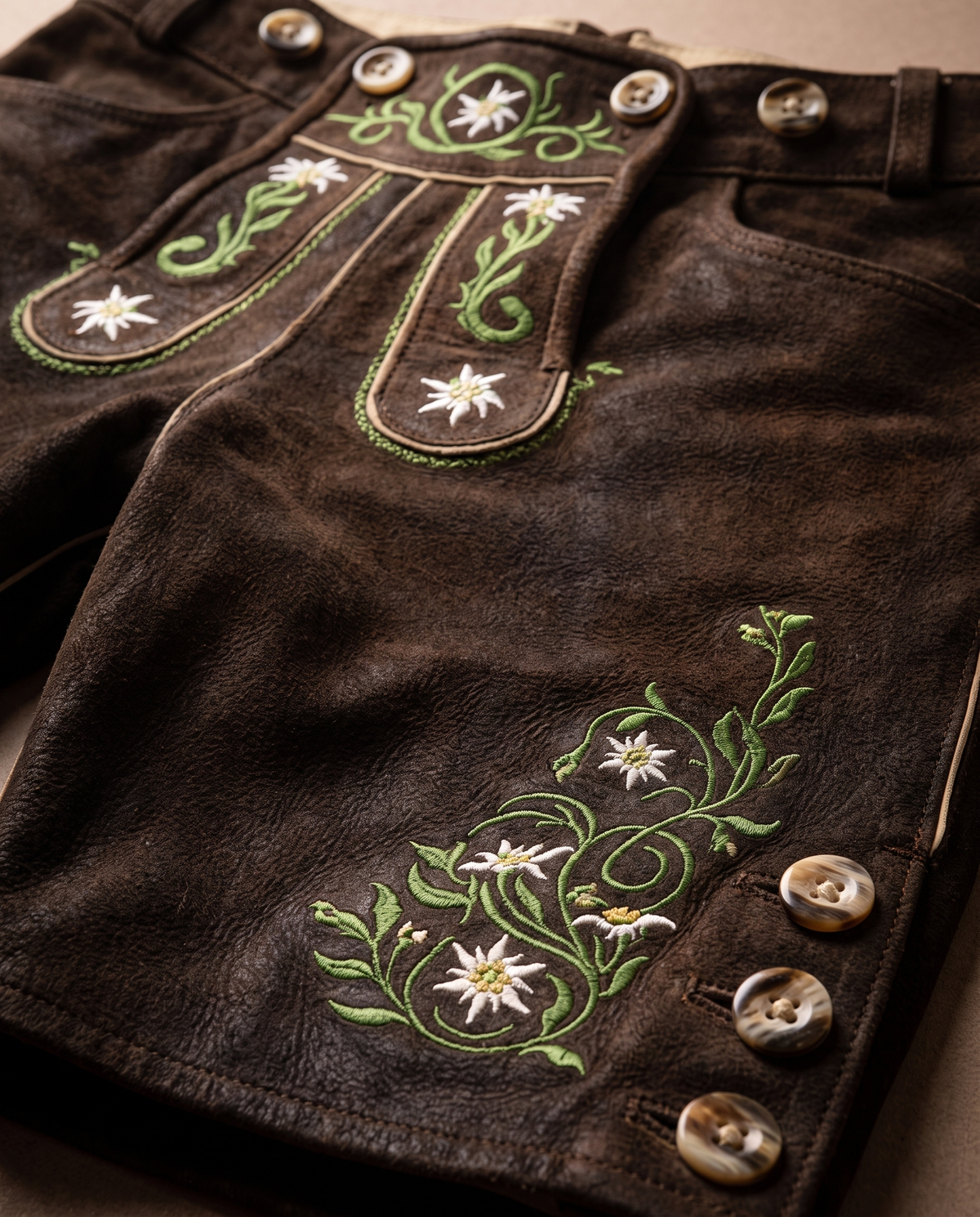 Detail of leather, embroidery and horn buttons