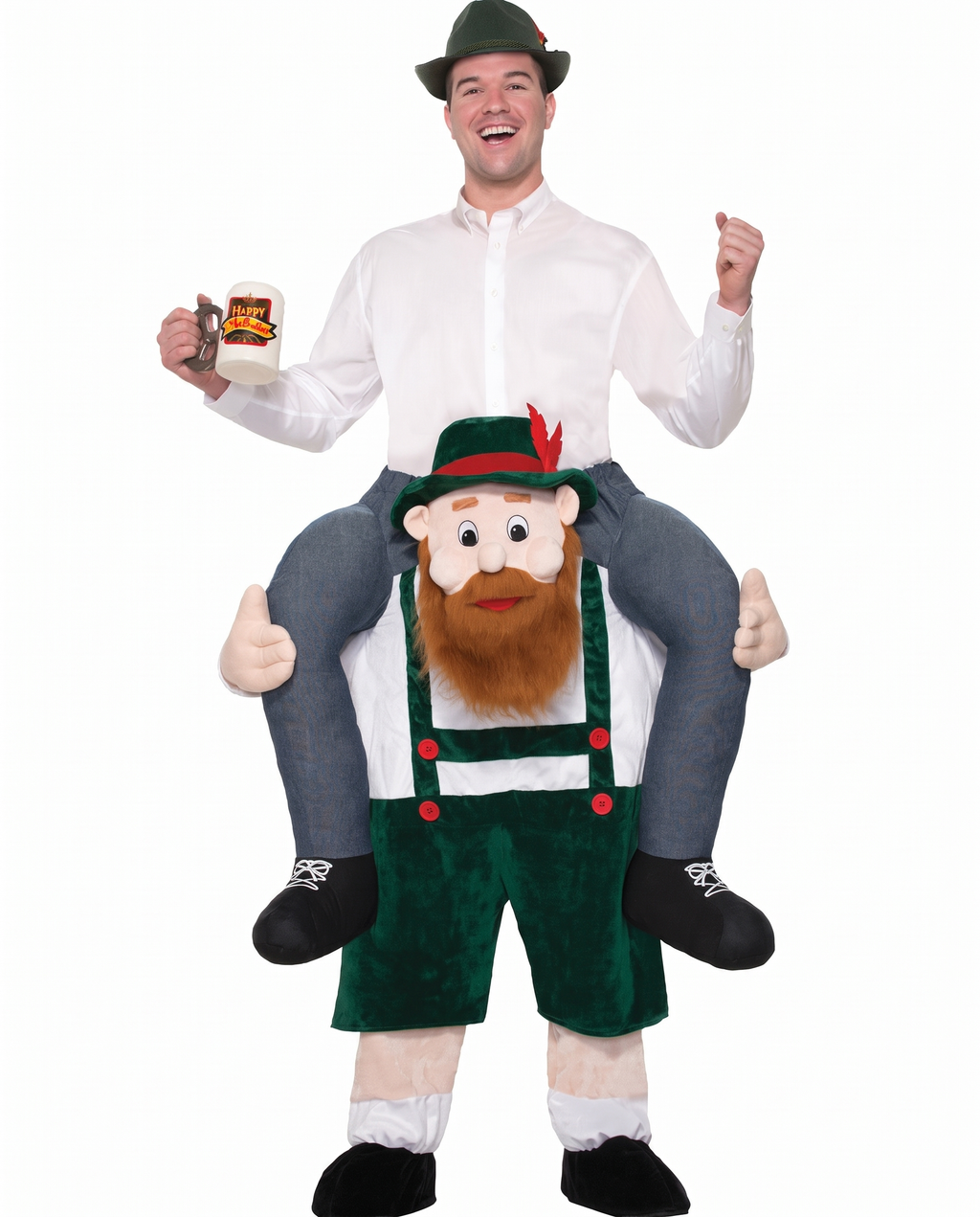 Beer buddy piggyback costume on white background