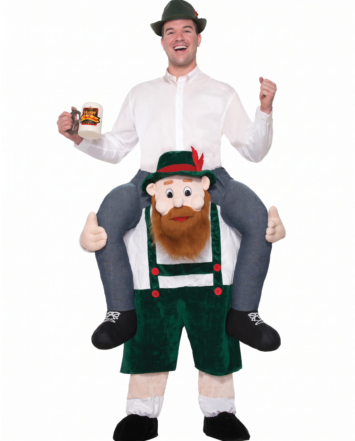 Beer buddy piggyback costume on white background