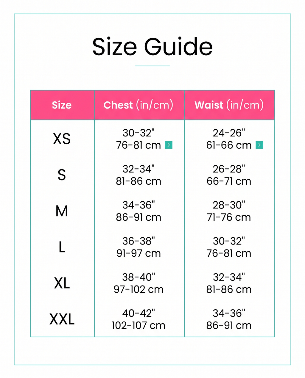 Size guide XS to XXL