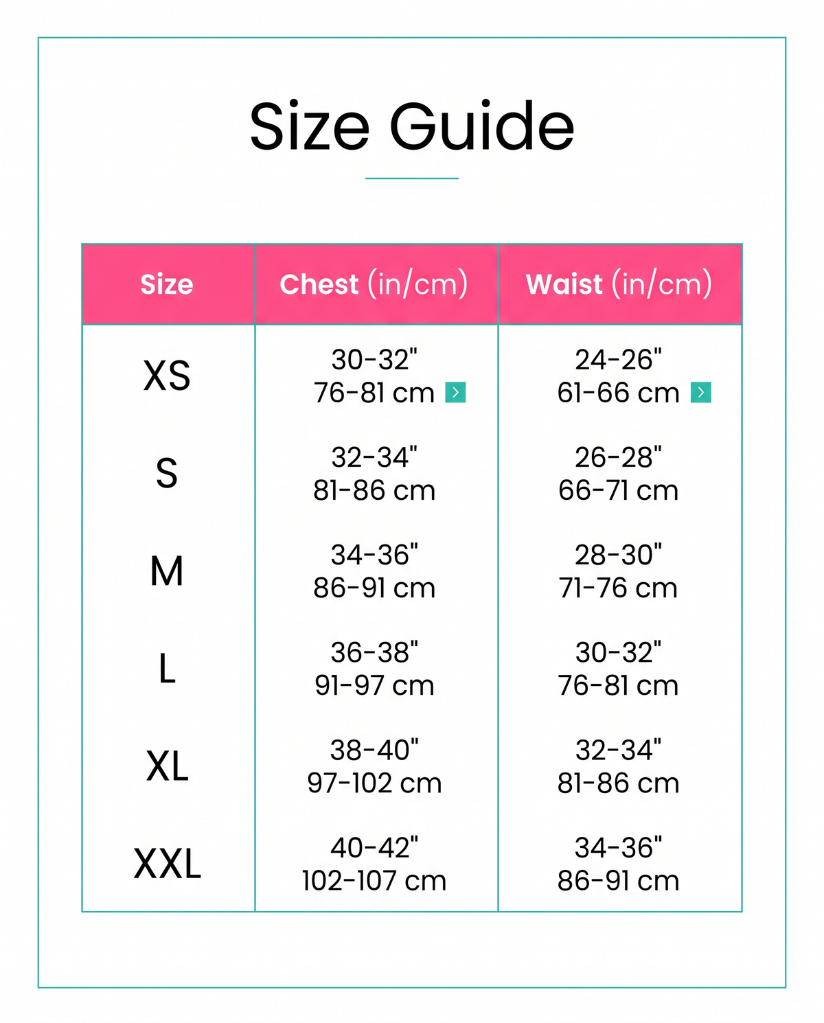 Size guide XS to XXL