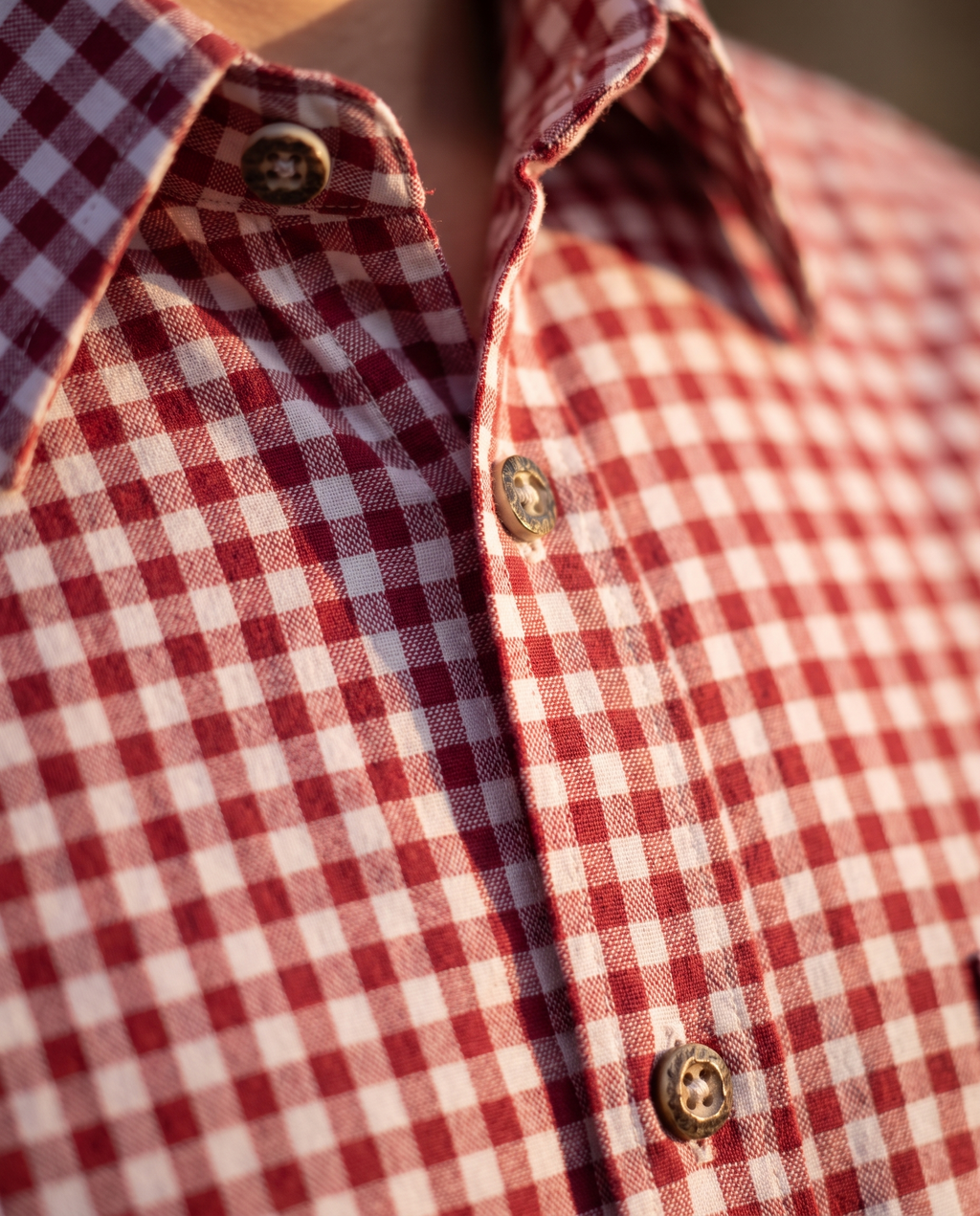 Detail of red check fabric and buttons