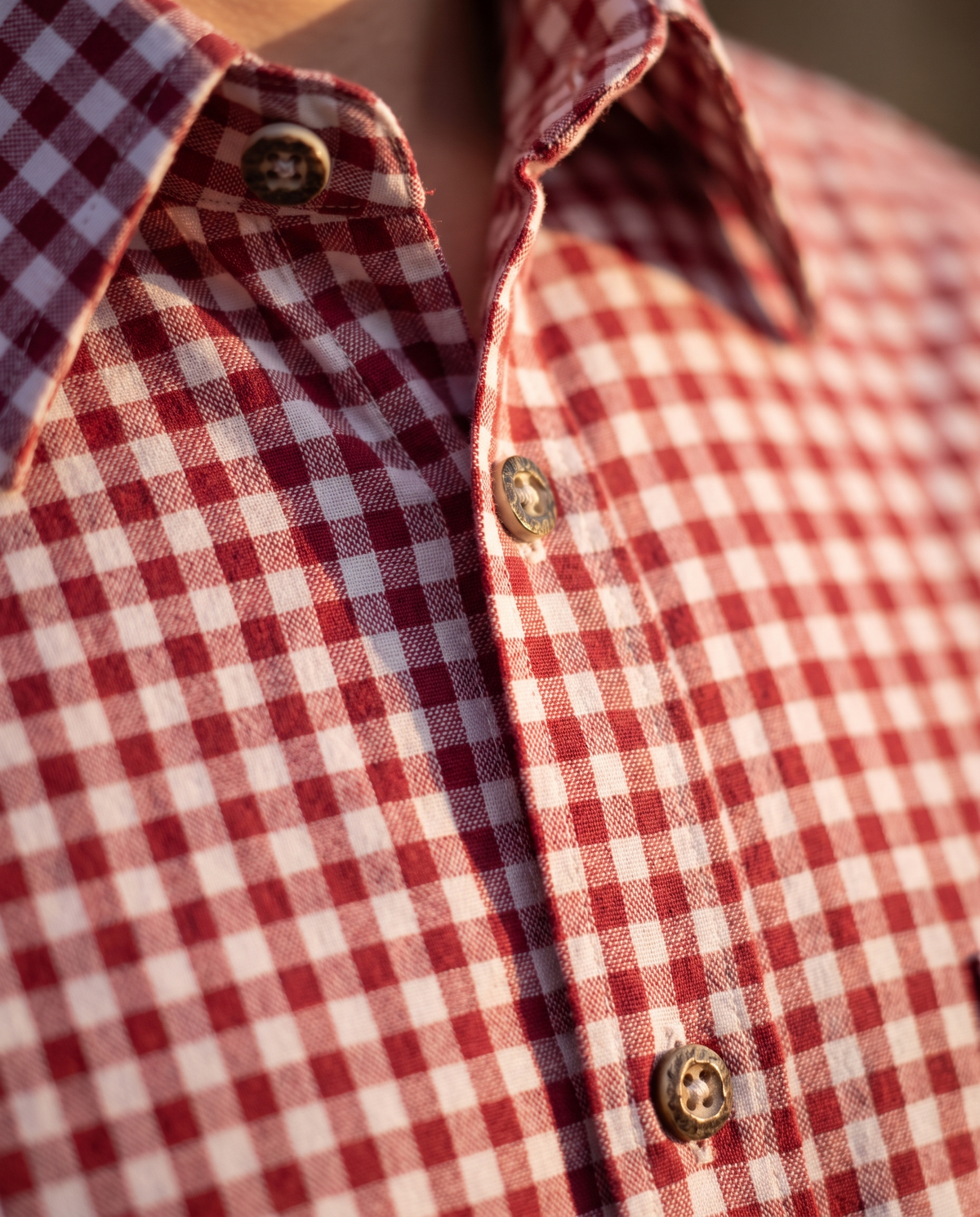 Detail of red check fabric and buttons