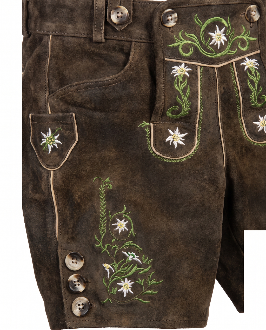 Detail of leather, embroidery and horn buttons