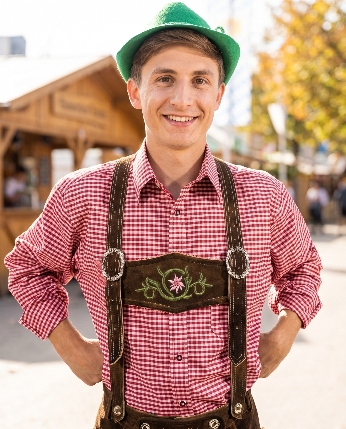 Man wearing red check Oktoberfest shirt