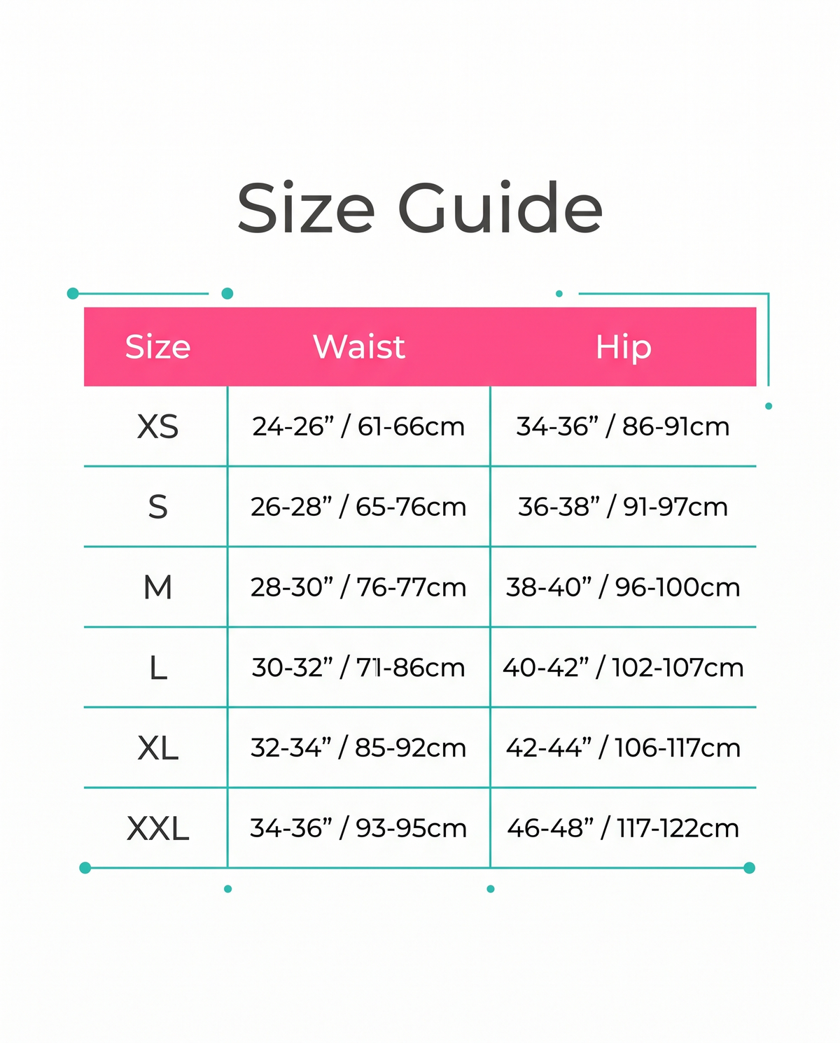 Size guide XS to XXL