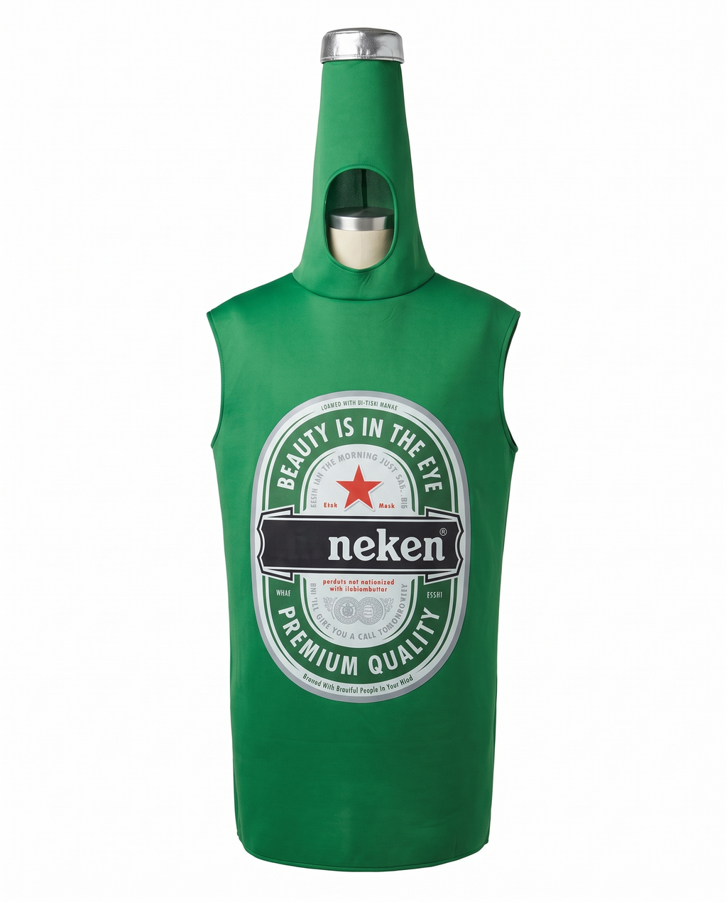 Green beer bottle tunic costume on white background