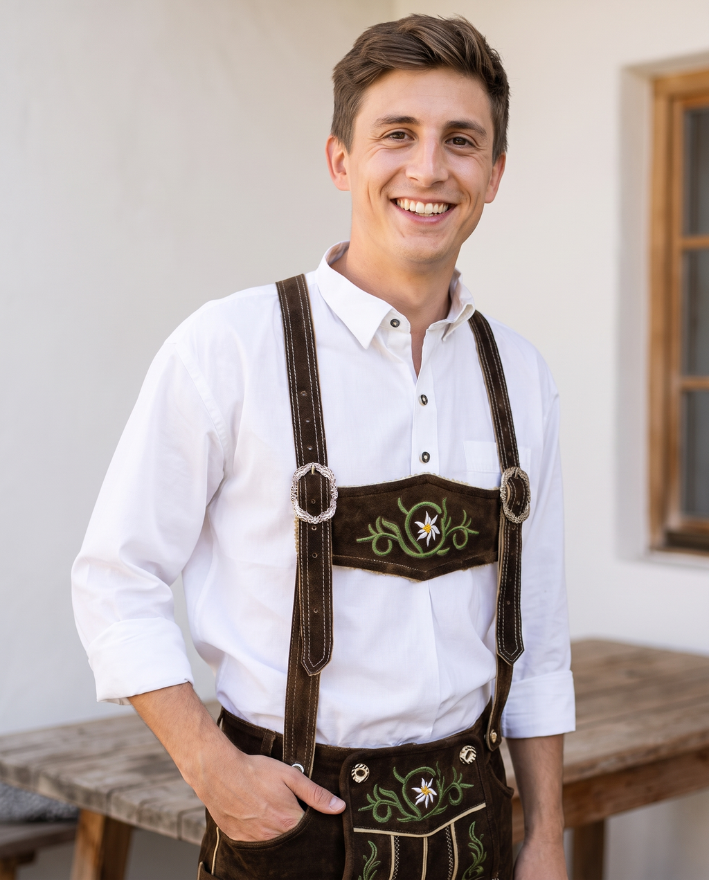 Man wearing white traditional Oktoberfest shirt