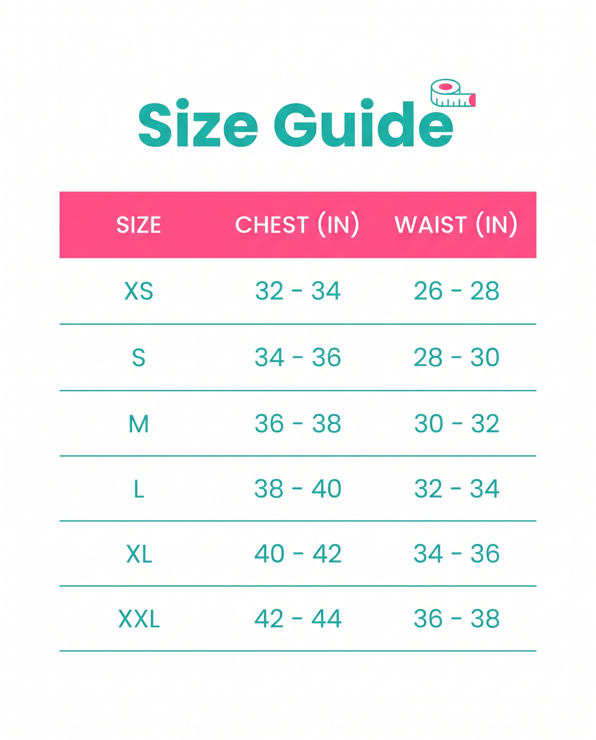 Size guide XS to XXL