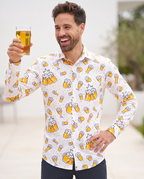 Man wearing white beer print party shirt