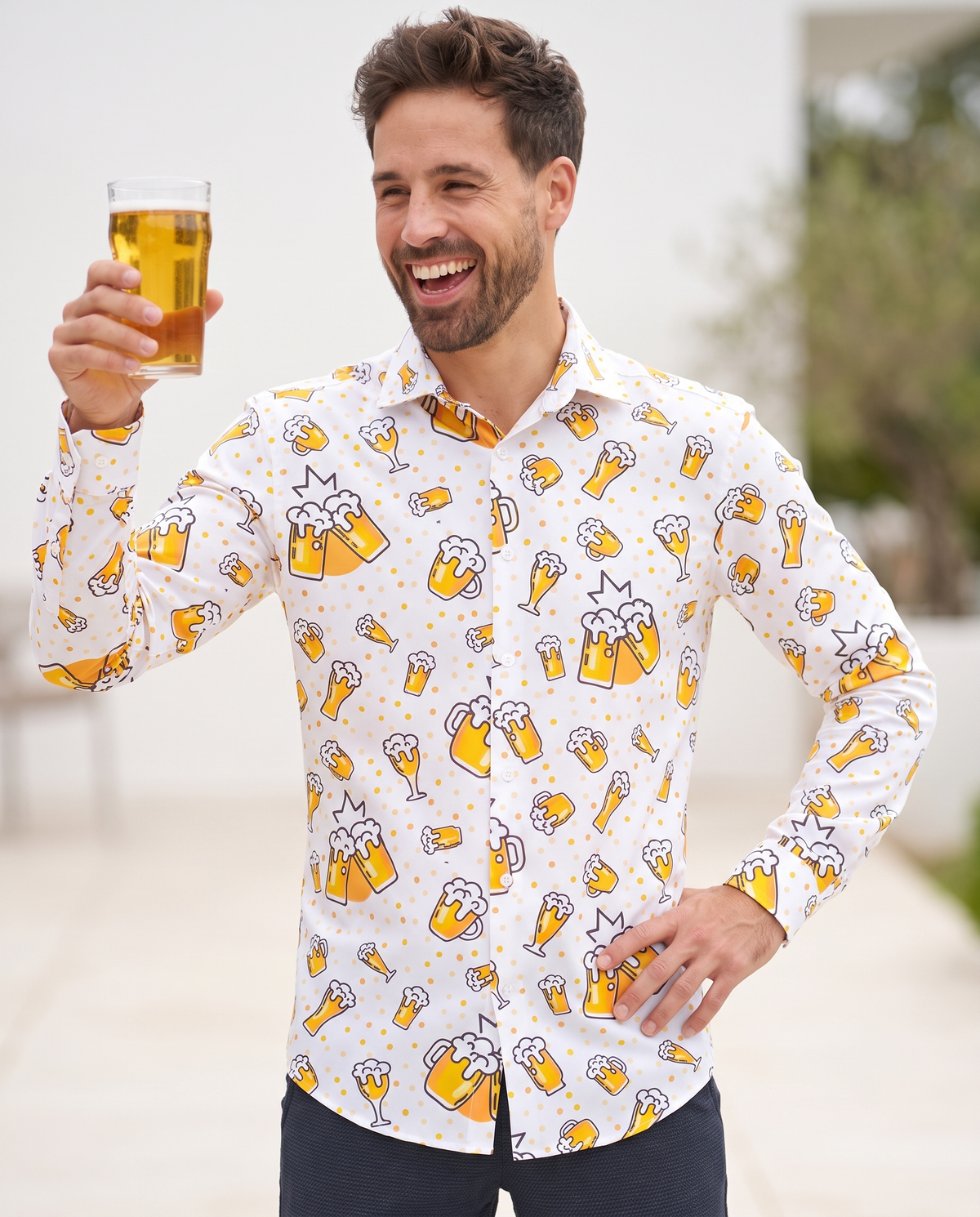 Man wearing white beer print party shirt