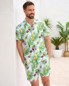 Man wearing tropical beer print shirt and shorts combo
